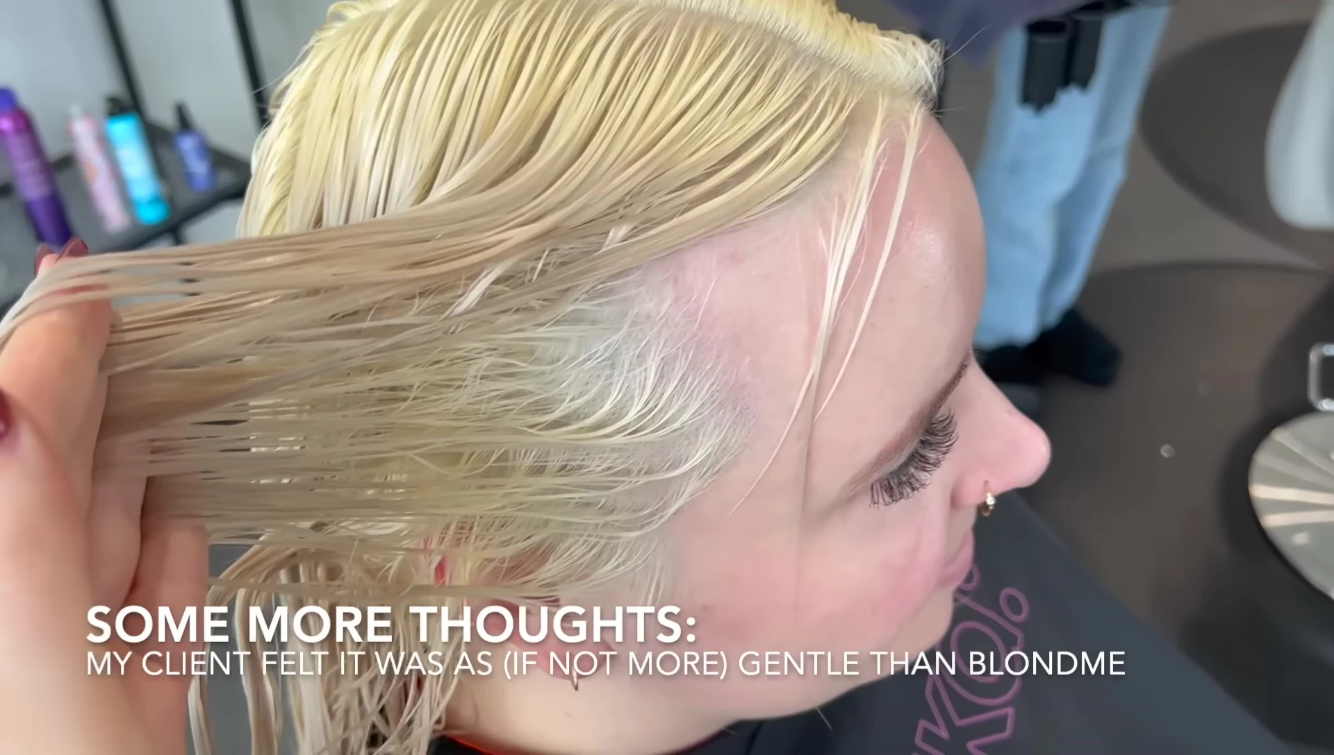 After rinsing: client's hair shows a beautiful, even lift with minimal banding.