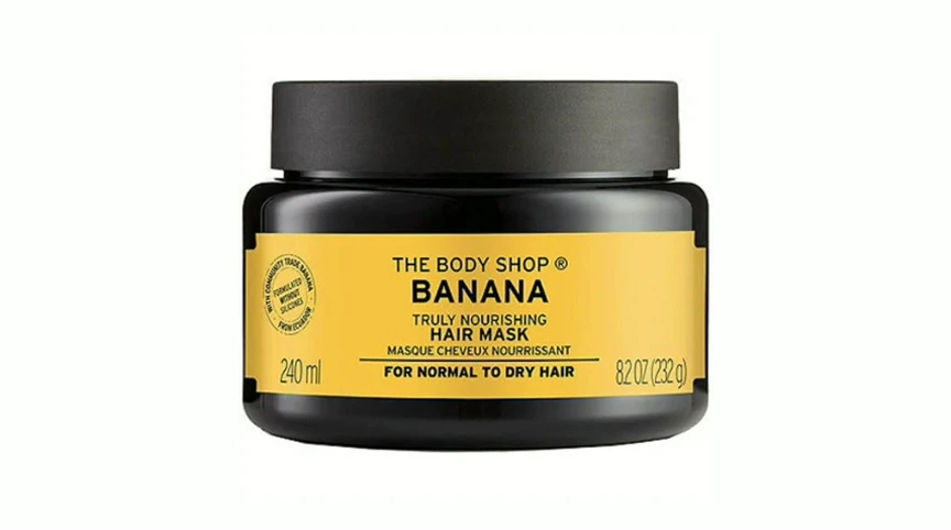 Close-up of the Body Shop Banana Truly Nourishing Hair Mask packaging.