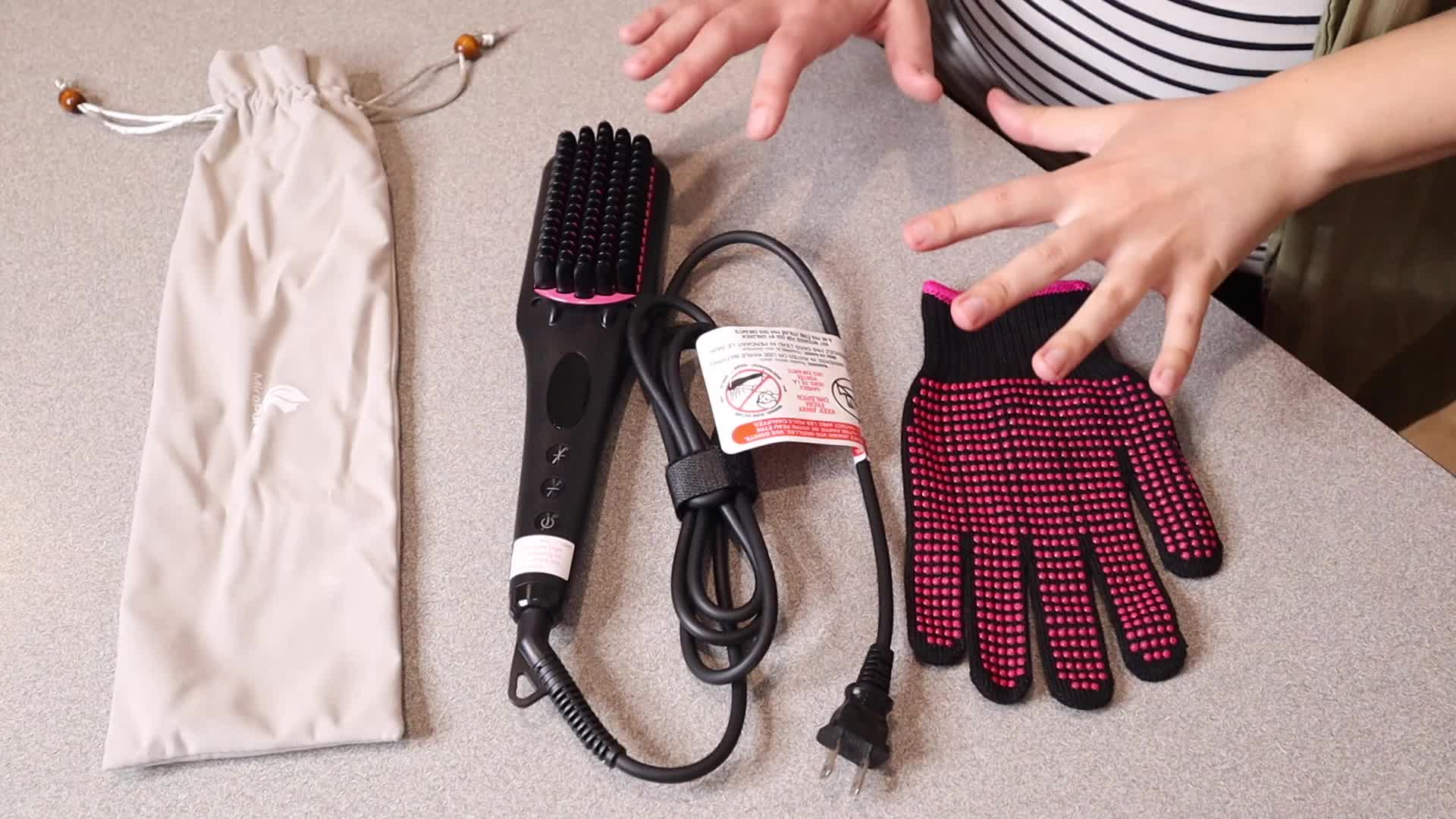 Unboxing the MiroPure hair straightener brush, showing all included items.