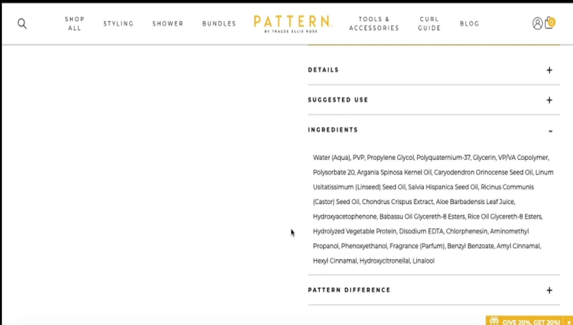 Screenshot showing the ingredient list of the Pattern Beauty Strong Hold Gel.