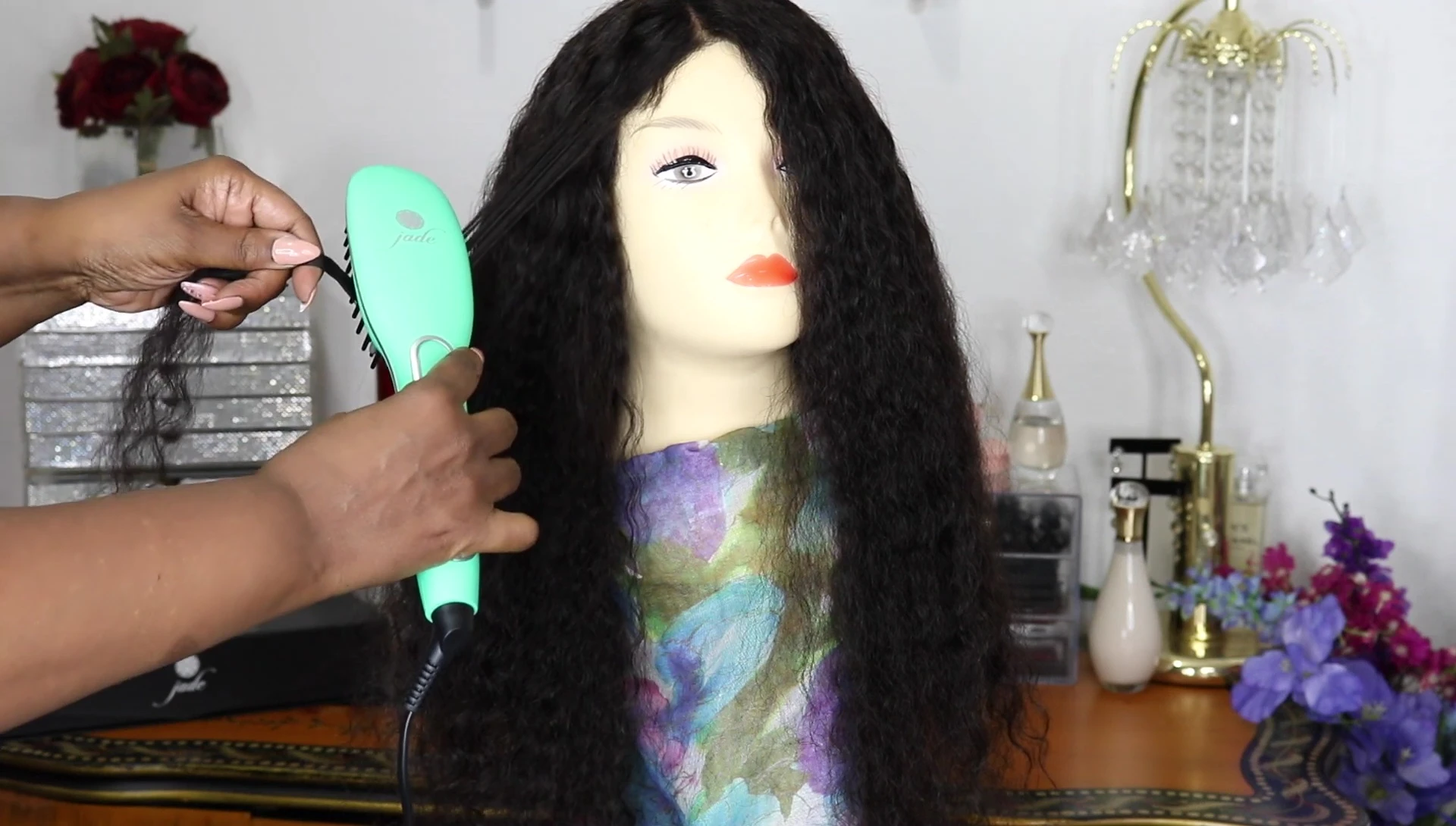 The brush gliding through the hair